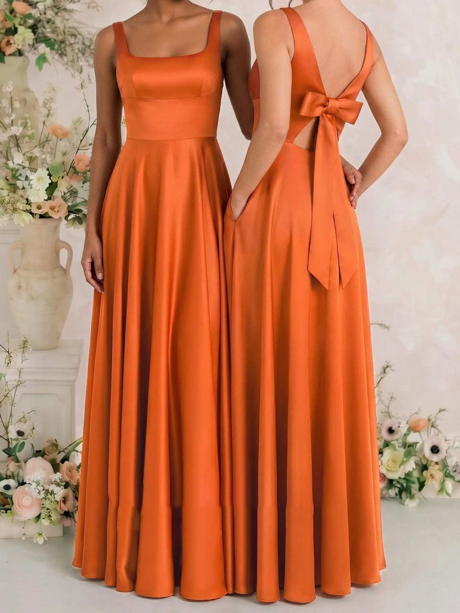 A-line Square Bow Floor-Length Silk Like Satin Corset Bridesmaid Dress