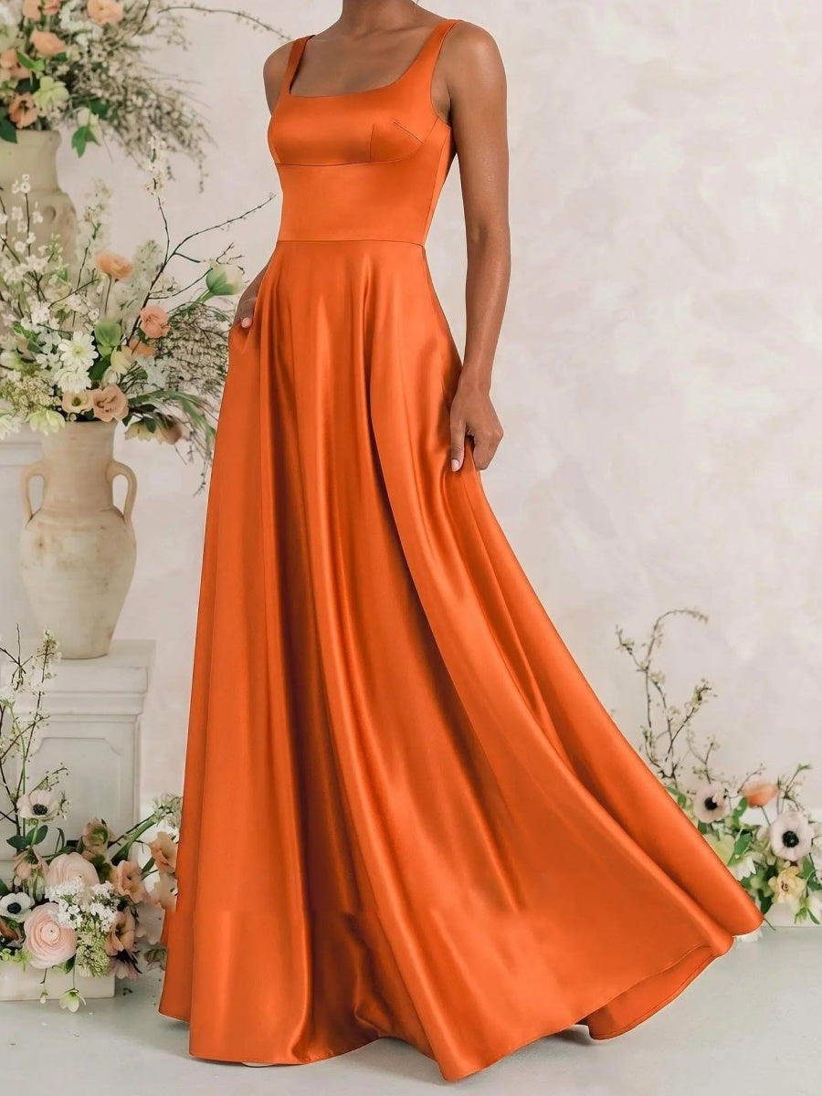 A-line Square Bow Floor-Length Silk Like Satin Corset Bridesmaid Dress
