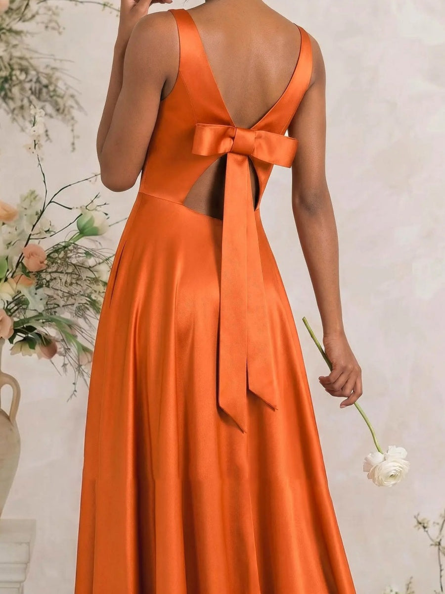 A-line Square Bow Floor-Length Silk Like Satin Corset Bridesmaid Dress