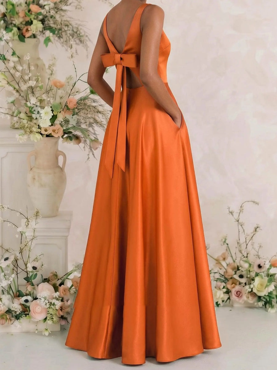 A-line Square Bow Floor-Length Silk Like Satin Corset Bridesmaid Dress