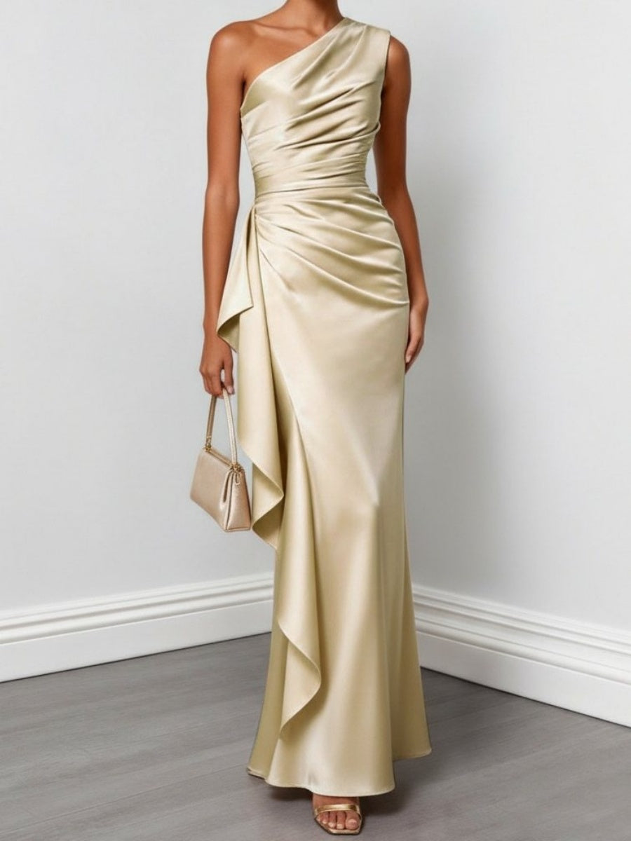 Sheath One-Shoulder Pleated Floor-Length Bridesmaid Dress