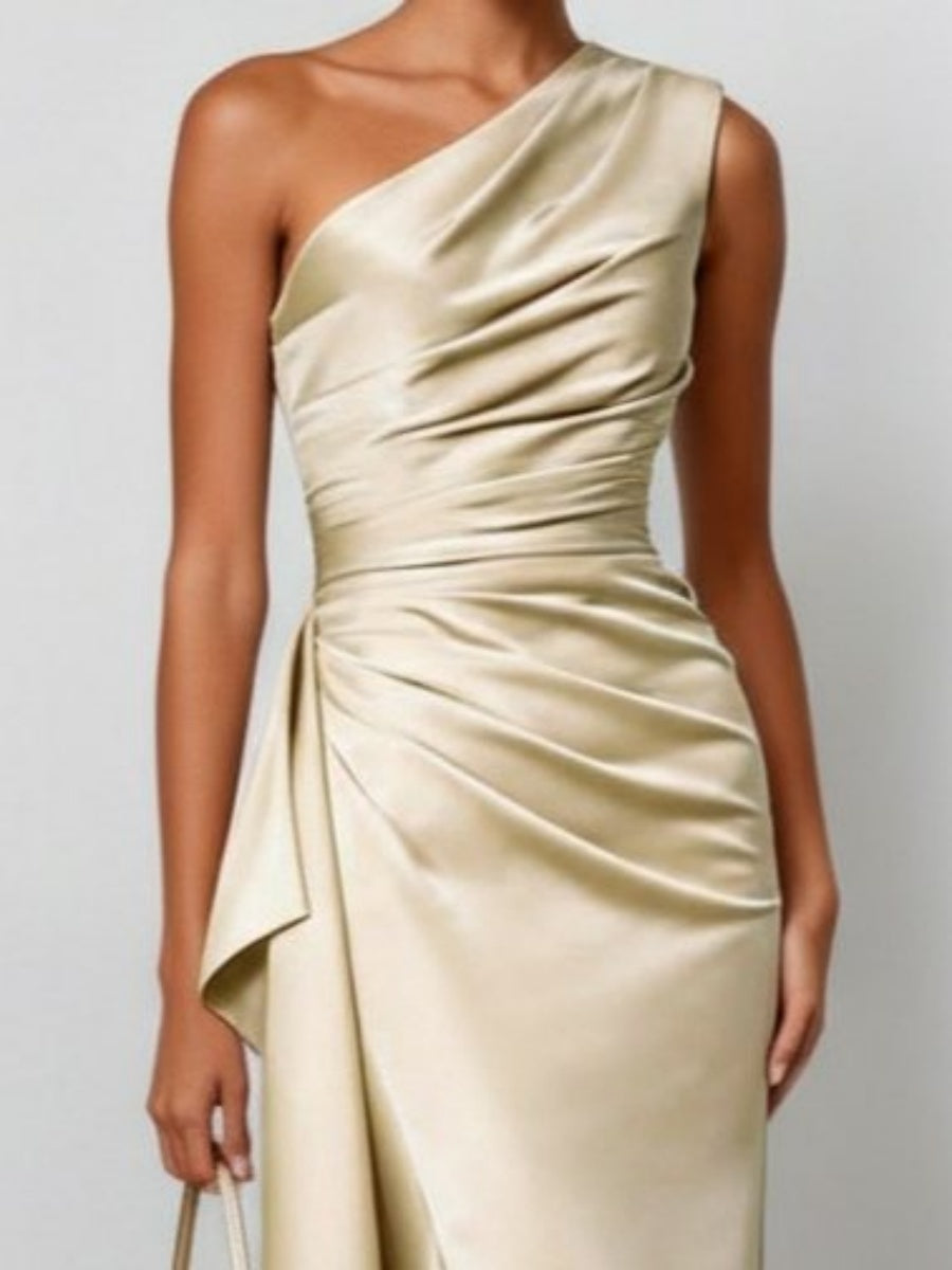 Sheath One-Shoulder Pleated Floor-Length Bridesmaid Dress