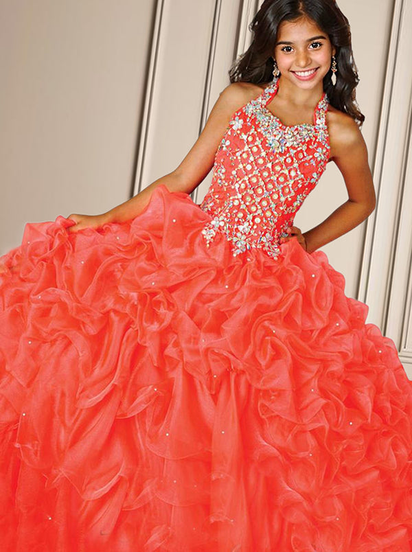 Ball-Gown Halter Beading Floor-Length Organza Flower Girl Dress