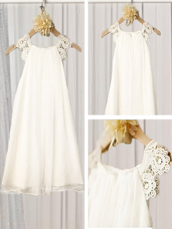 A-line Scoop Lace Tea-Length Chiffon Flower Girl Dress