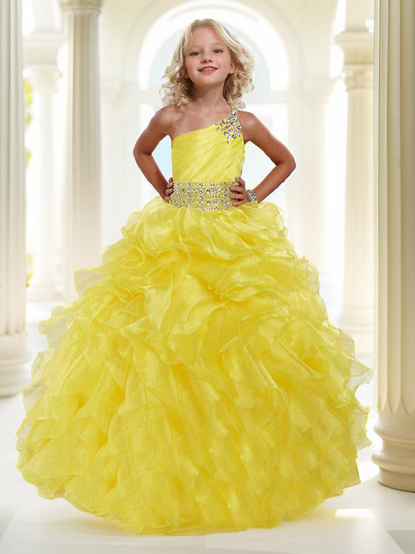 Ball-Gown One-Shoulder Beading Floor-Length Organza Flower Girl Dress
