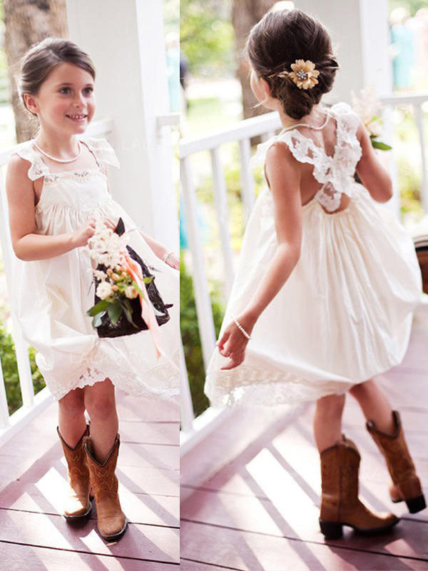 A-line Square Lace Knee-Length Stretch Crepe Flower Girl Dress