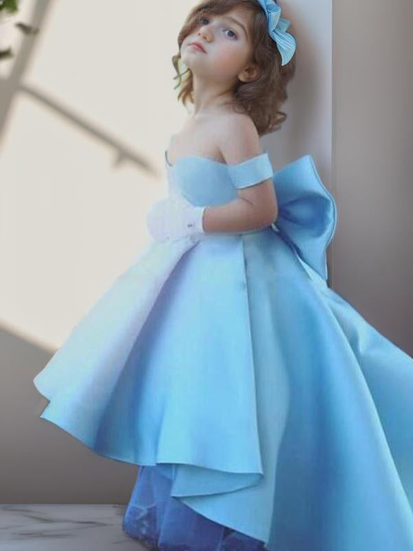 Ball-Gown Off-the-Shoulder Bow Asymmetrical Satin Flower Girl Dress