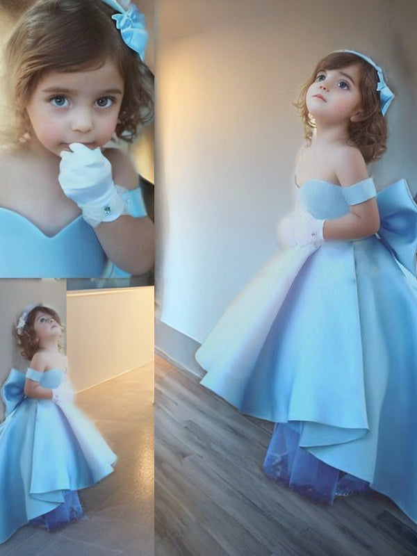 Ball-Gown Off-the-Shoulder Bow Asymmetrical Satin Flower Girl Dress