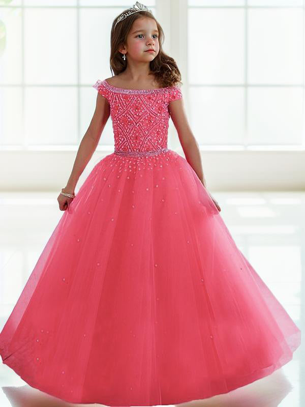 Ball-Gown Off-the-Shoulder Beading Floor-Length Tulle Flower Girl Dress