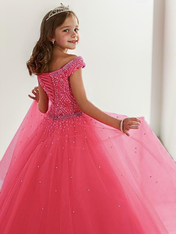 Ball-Gown Off-the-Shoulder Beading Floor-Length Tulle Flower Girl Dress