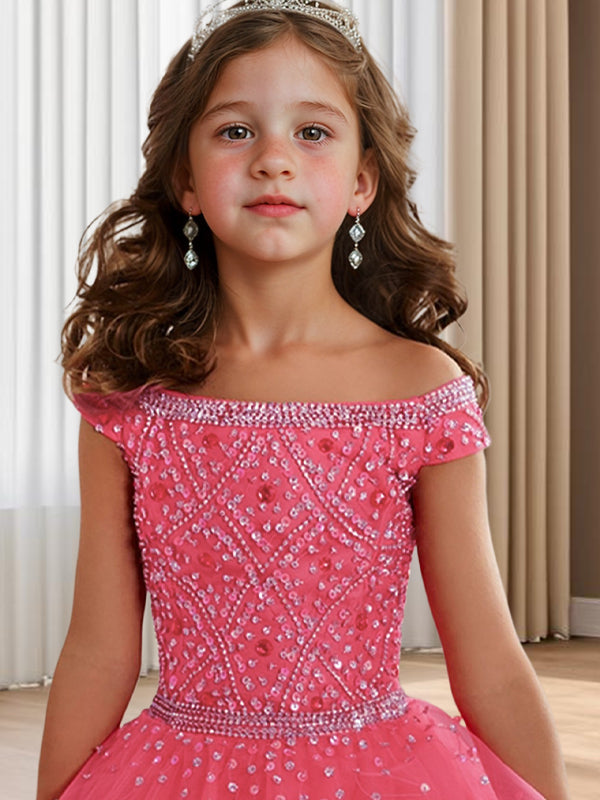 Ball-Gown Off-the-Shoulder Beading Floor-Length Tulle Flower Girl Dress