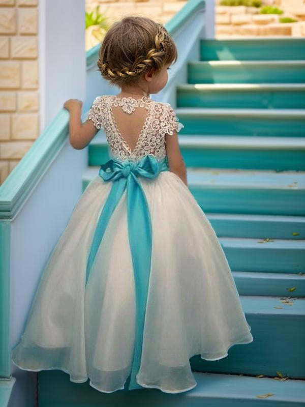 Ball-Gown Scoop Short Sleeves Lace Floor-Length Organza Flower Girl Dress