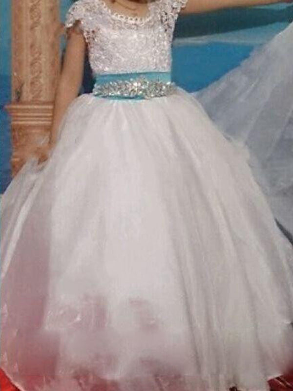 Ball-Gown Scoop Short Sleeves Lace Floor-Length Organza Flower Girl Dress