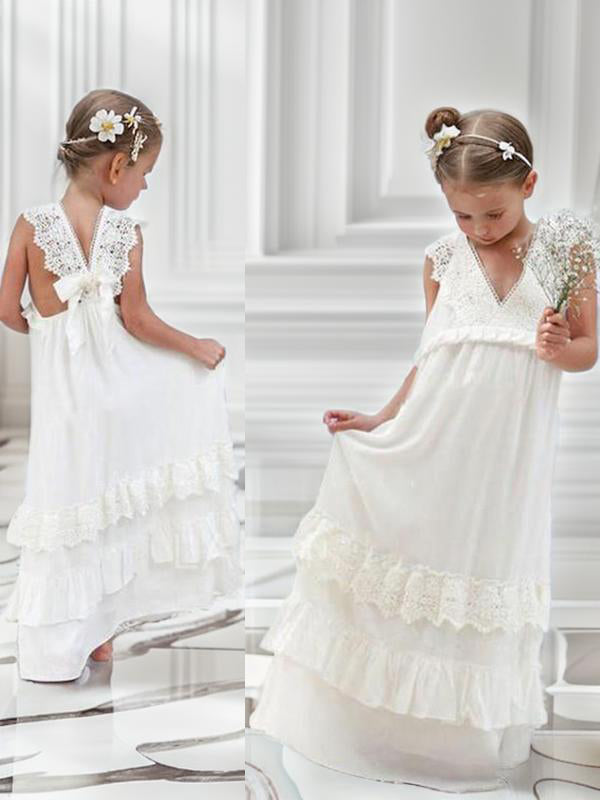 Empire V-neck Bow Floor-Length Chiffon Flower Girl Dress