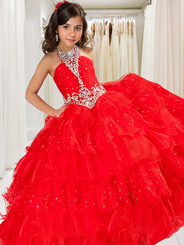 Ball-Gown Halter Beading Floor-Length Organza Flower Girl Dress