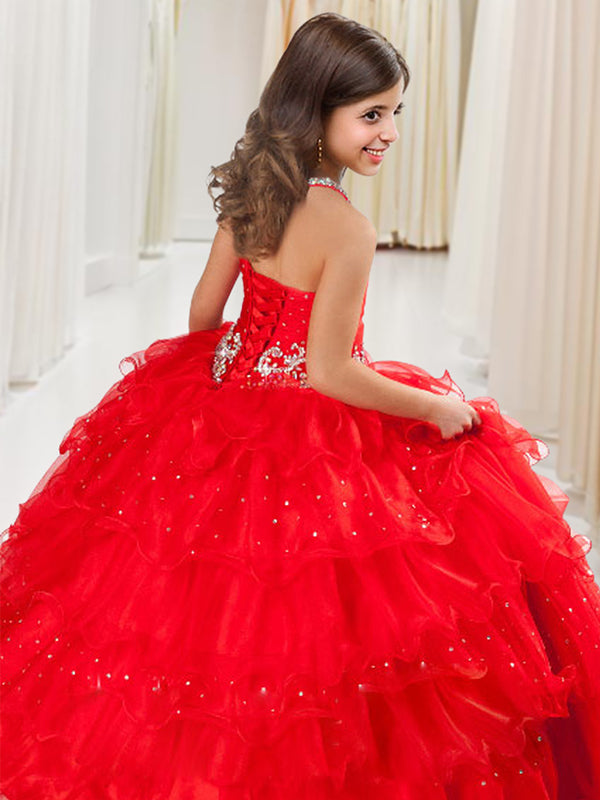 Ball-Gown Halter Beading Floor-Length Organza Flower Girl Dress