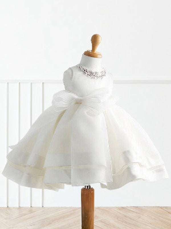 Ball-Gown Jewel Beading Tea-Length Satin Flower Girl Dress