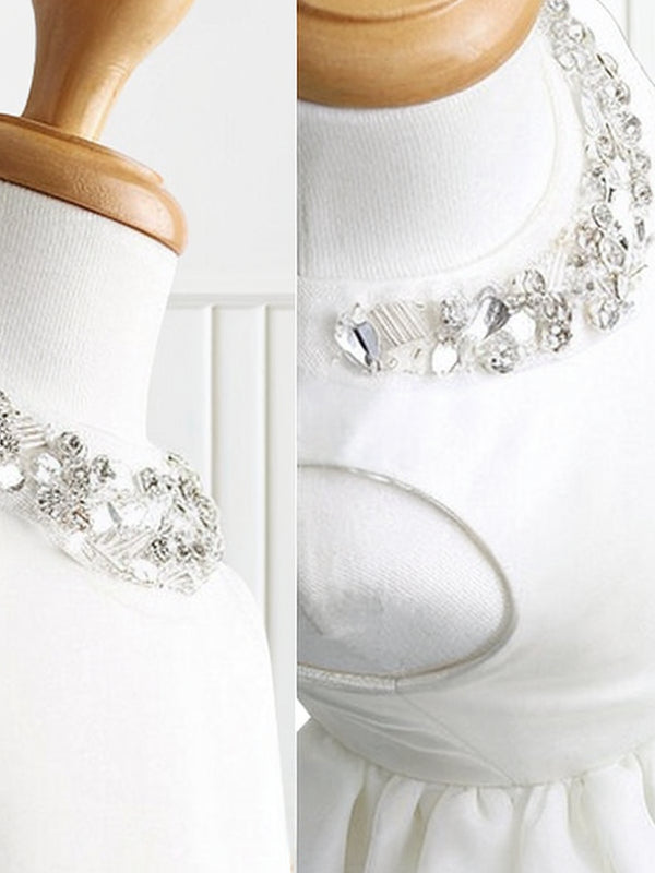 Ball-Gown Jewel Beading Tea-Length Satin Flower Girl Dress