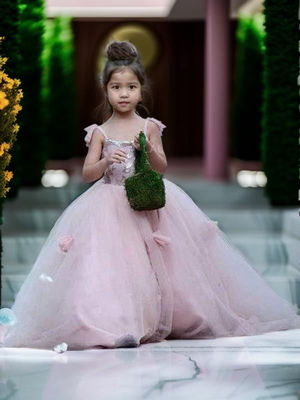Ball-Gown Spaghetti Straps Applique Sweep Train Tulle Flower Girl Dress