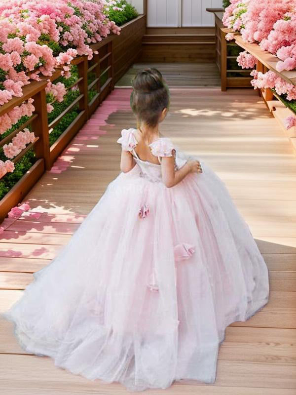 Ball-Gown Spaghetti Straps Applique Sweep Train Tulle Flower Girl Dress