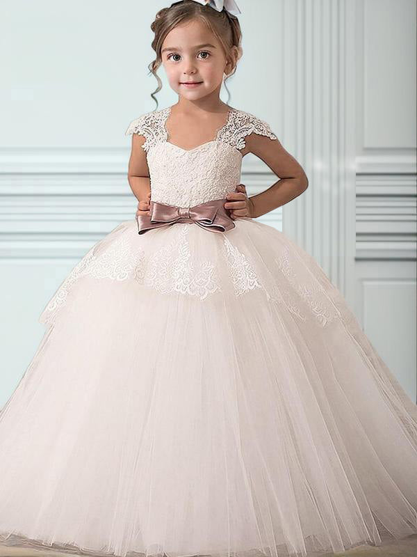 Ball-Gown Straps Bow Floor-Length Tulle Flower Girl Dress