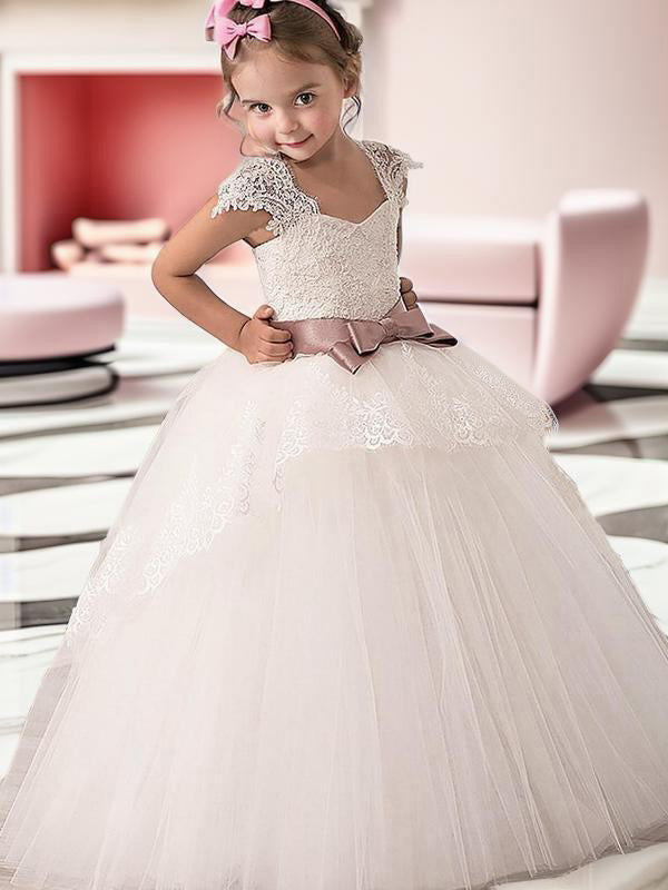 Ball-Gown Straps Bow Floor-Length Tulle Flower Girl Dress