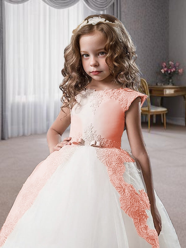 Ball-Gown Scoop Bow Floor-Length Tulle Flower Girl Dress