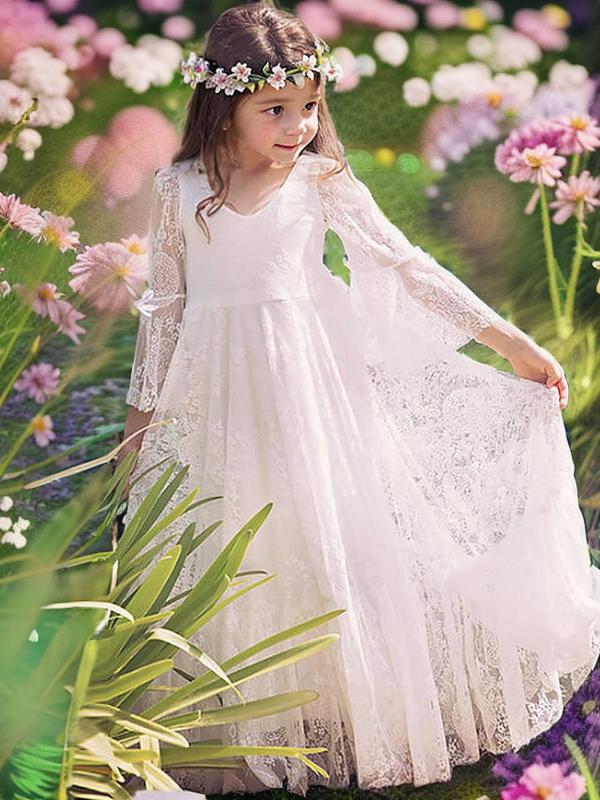 A-line V-neck Long Sleeves Lace Floor-Length Lace Flower Girl Dress