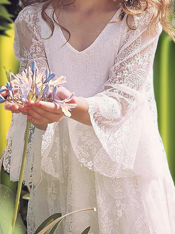 A-line V-neck Long Sleeves Lace Floor-Length Lace Flower Girl Dress