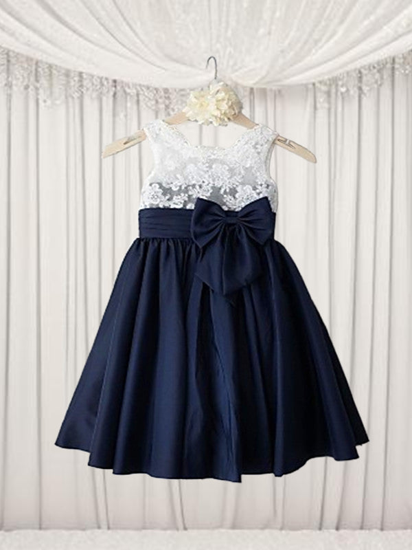 A-line Straps Bow Tea-Length Taffeta Flower Girl Dress