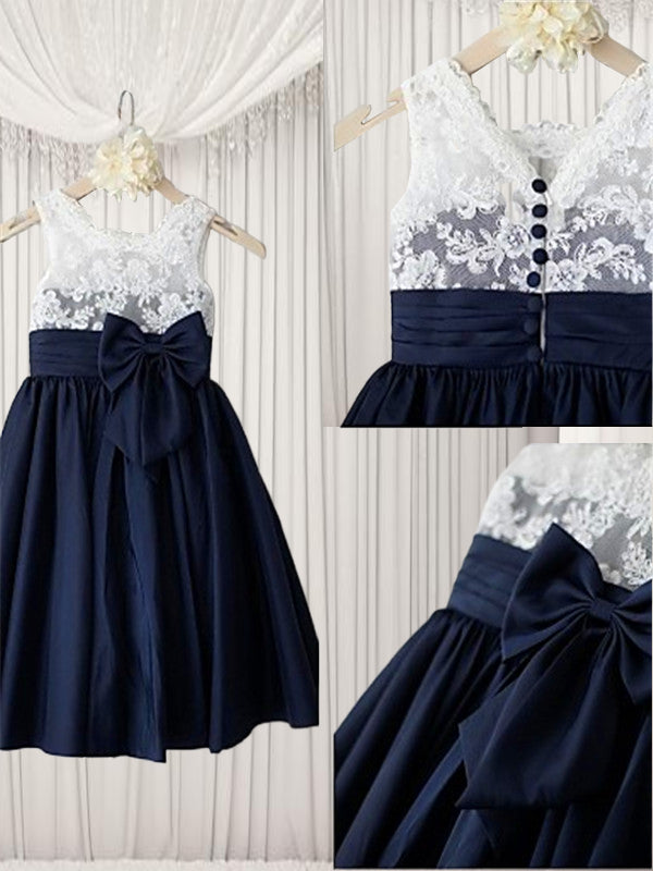 A-line Straps Bow Tea-Length Taffeta Flower Girl Dress
