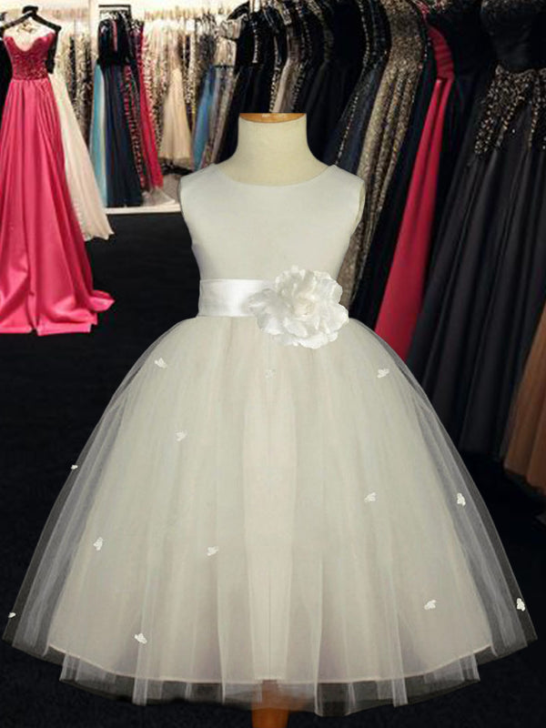 A-line Scoop Bow Ankle-Length Tulle Flower Girl Dress