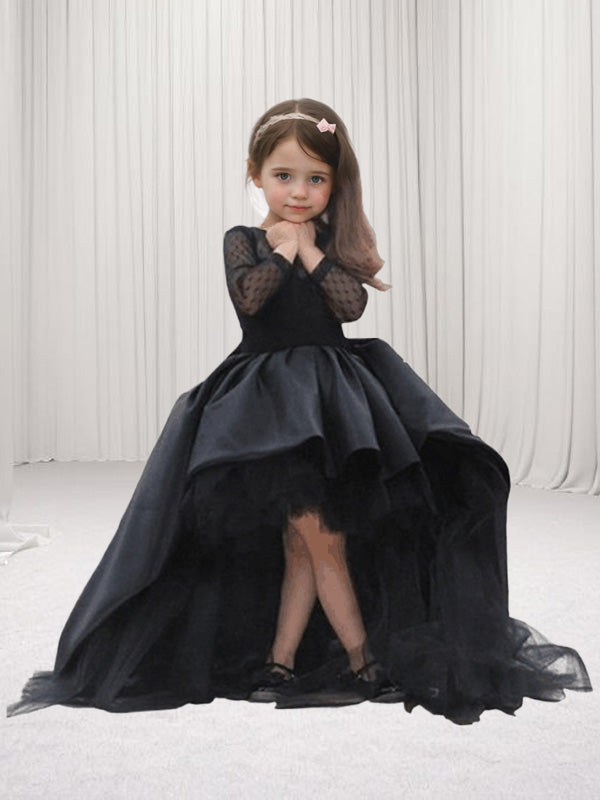 Ball-Gown Scoop Long Sleeves Bow Court Train Satin Flower Girl Dress