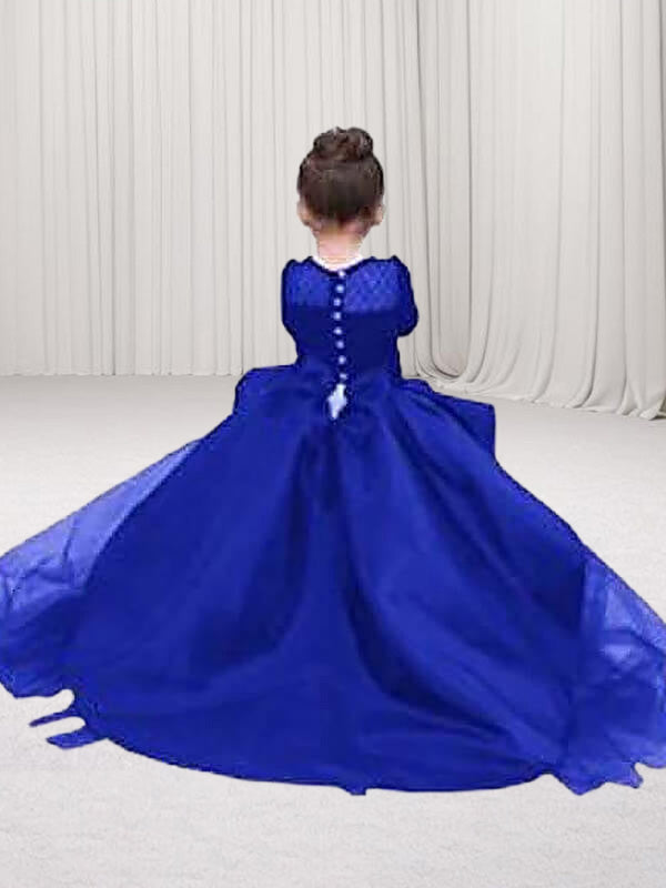 Ball-Gown Scoop Long Sleeves Bow Court Train Satin Flower Girl Dress