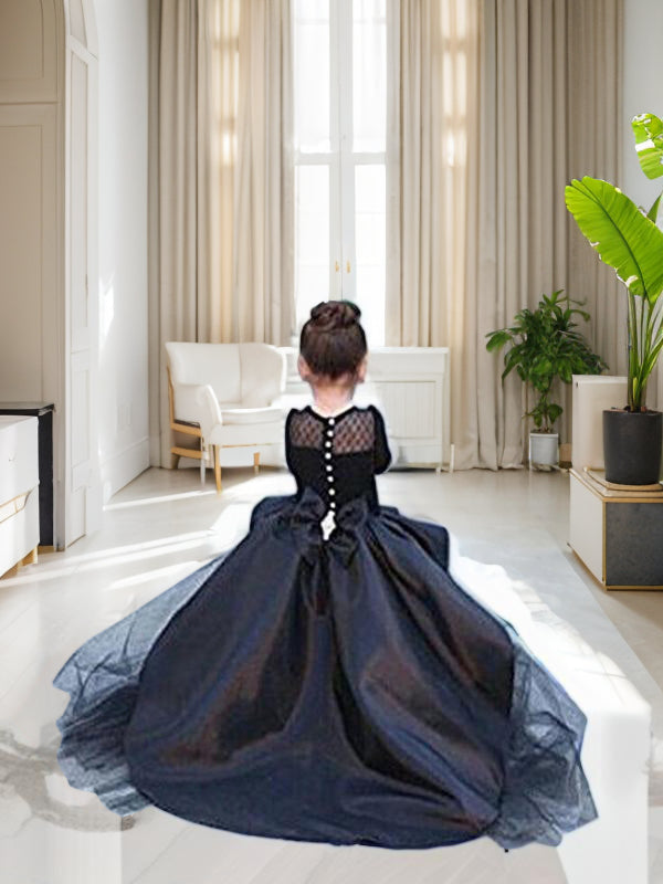 Ball-Gown Scoop Long Sleeves Bow Court Train Satin Flower Girl Dress