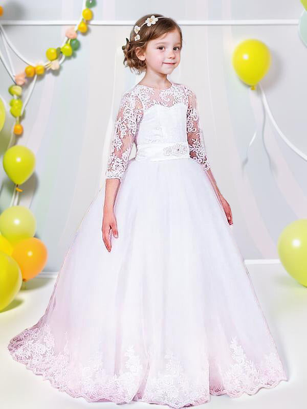 Ball-Gown Jewel 1/2 Sleeves Bow Sweep Train Tulle Flower Girl Dress