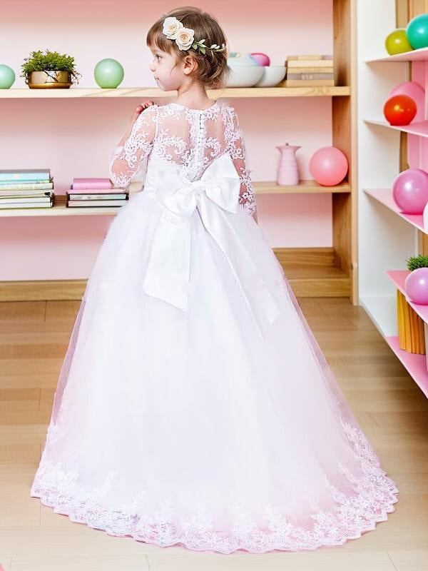 Ball-Gown Jewel 1/2 Sleeves Bow Sweep Train Tulle Flower Girl Dress
