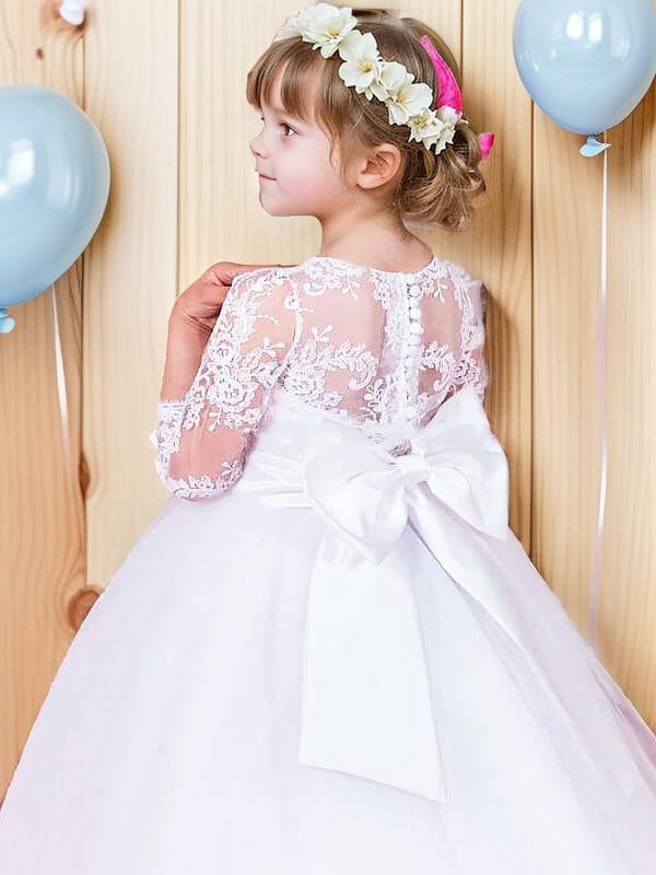 Ball-Gown Jewel 1/2 Sleeves Bow Sweep Train Tulle Flower Girl Dress