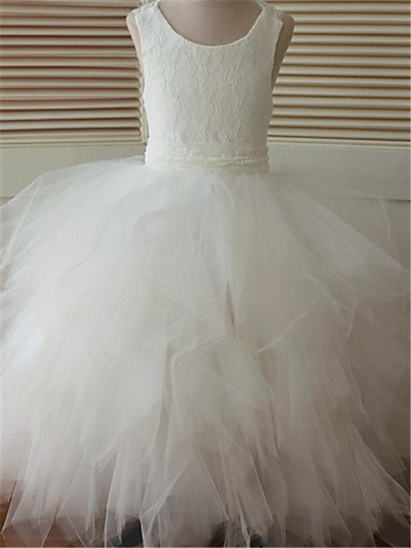 Ball-Gown Scoop Lace Ankle-Length Tulle Flower Girl Dress