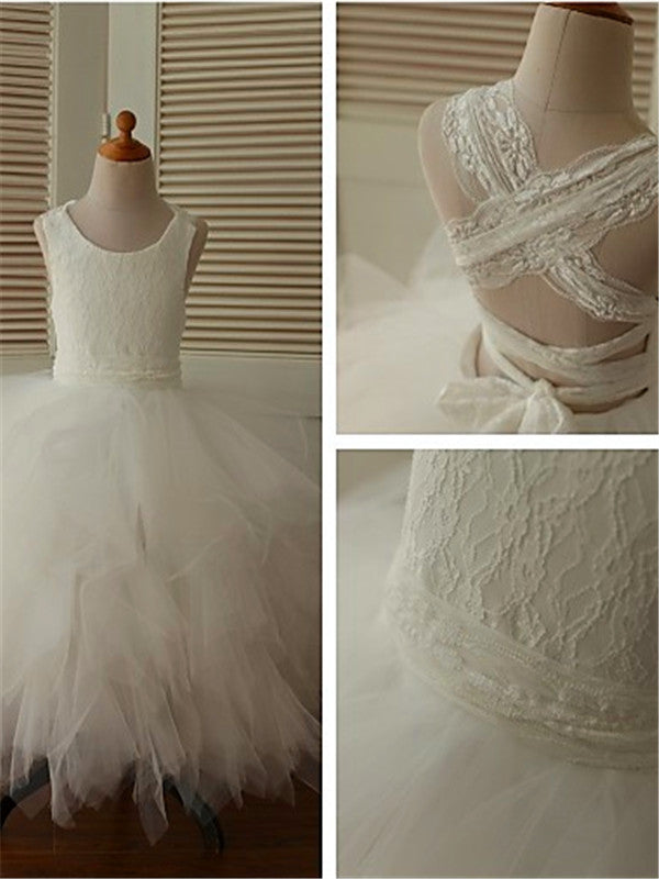 Ball-Gown Scoop Lace Ankle-Length Tulle Flower Girl Dress