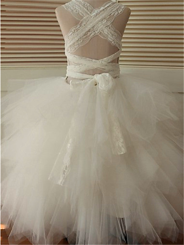 Ball-Gown Scoop Lace Ankle-Length Tulle Flower Girl Dress