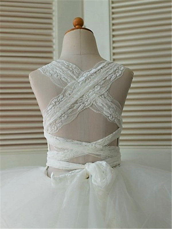 Ball-Gown Scoop Lace Ankle-Length Tulle Flower Girl Dress