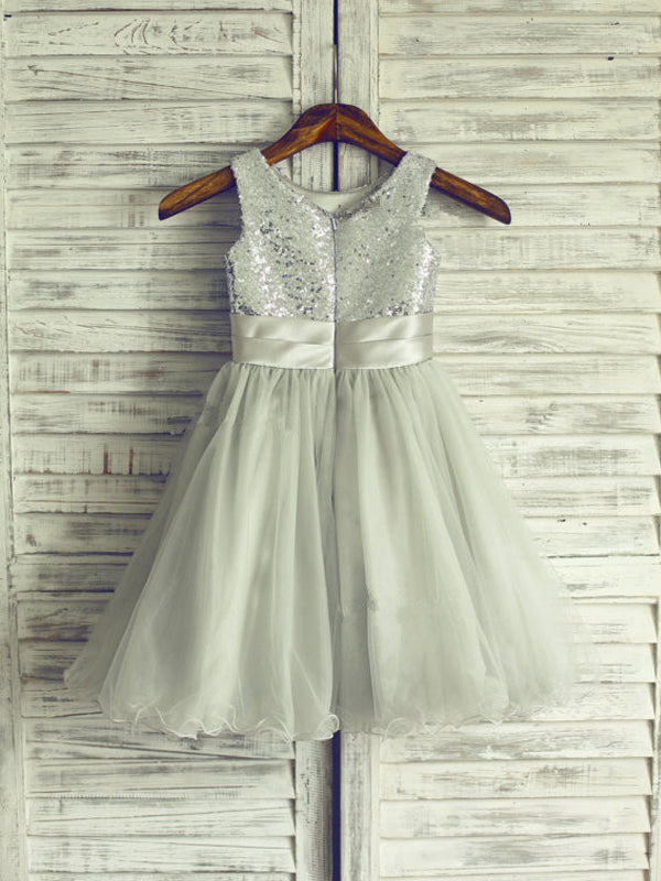 A-line Scoop Sequin Tea-Length Tulle Flower Girl Dress