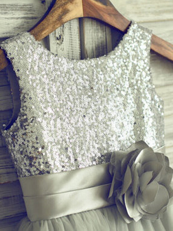 A-line Scoop Sequin Tea-Length Tulle Flower Girl Dress