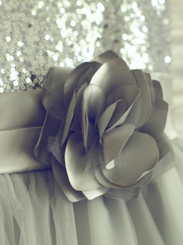 A-line Scoop Sequin Tea-Length Tulle Flower Girl Dress