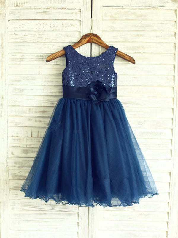 A-line Scoop Sequin Tea-Length Tulle Flower Girl Dress