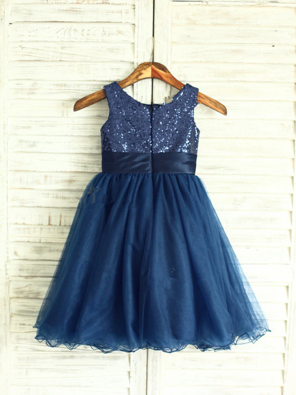 A-line Scoop Sequin Tea-Length Tulle Flower Girl Dress