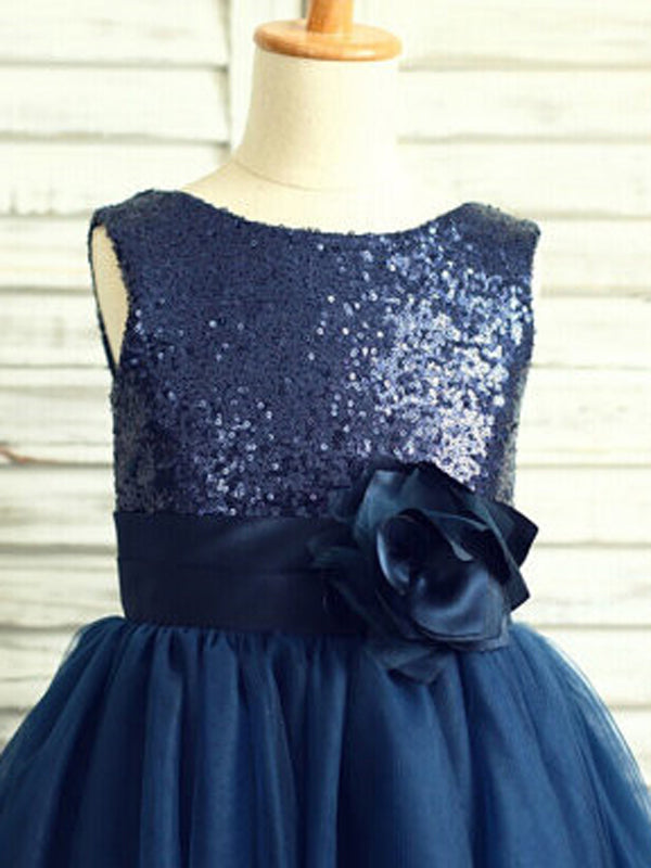 A-line Scoop Sequin Tea-Length Tulle Flower Girl Dress