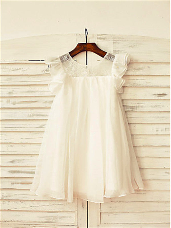 A-line Scoop Short Sleeves Lace Tea-Length Chiffon Flower Girl Dress