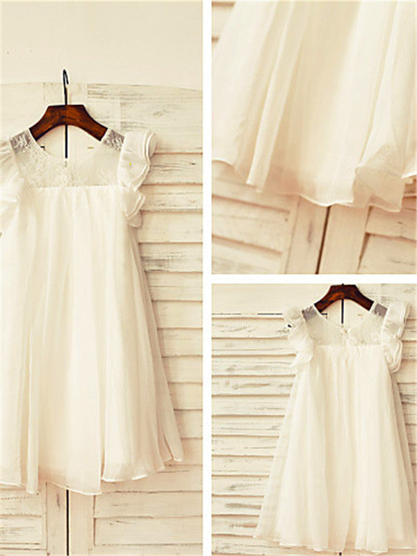 A-line Scoop Short Sleeves Lace Tea-Length Chiffon Flower Girl Dress